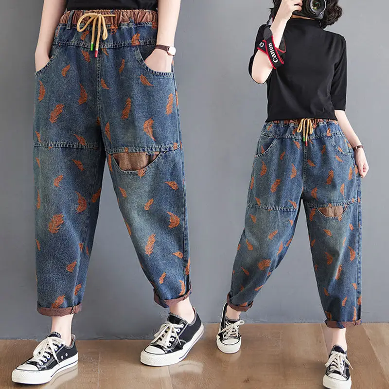

Женские повседневные прямые джинсовые брюки с вышивкой, повседневные свободные джинсы с высокой талией в уличном стиле