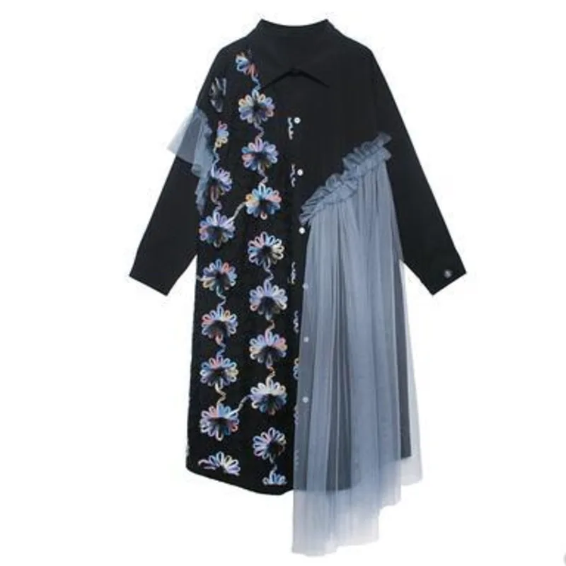 

XUXI Women Clothing Dress Retail Net Cloth Floral Skirt, Irregular Long Sleeve Women's Clothing, Round Neck Dresses Fashion E125