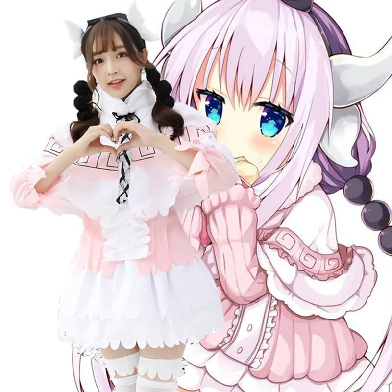 

New Anime Kobayashi san Chino Maid Dragon Cosplay Headwear Wig and Costumes Miss Kobayashi's Dragon Maid Kanna Kamui Pink Dress