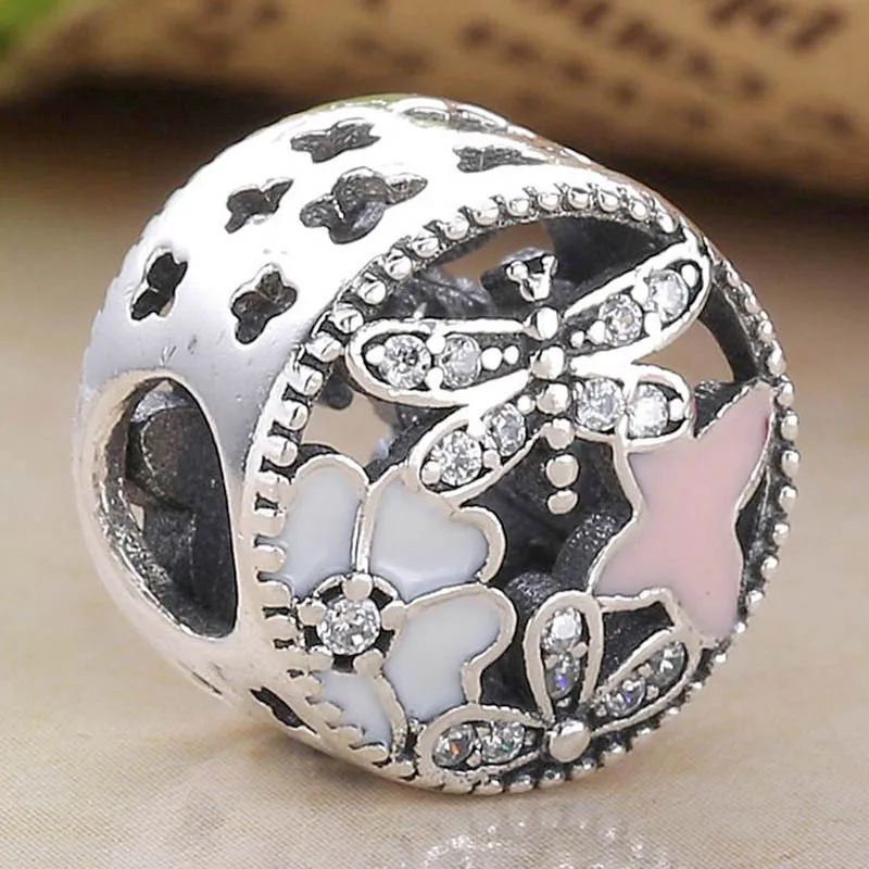 

New 925 Sterling Silver Charm Vintage Openwork Springtime With Crystal Bead Fit Original Fashion Bracelet Necklace DIY Jewelry