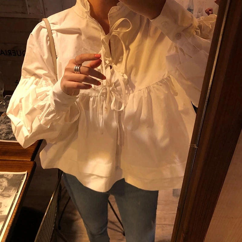 RealShe женская блузка белая с гофрированным воротником длинным рукавом фонариком