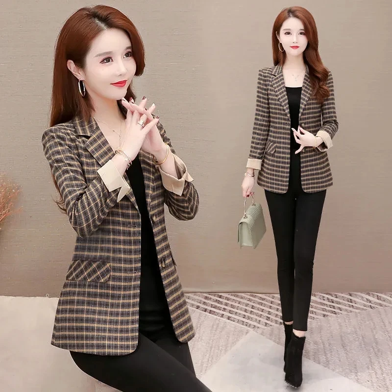 

Women 2021 Plaid Suit Jacket Small All-Match Age Reduction Tops Female Relf-Cultivation Temperament Spring Autumn Small Suits106