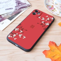 white oriental cherry blossoms on red print soft silicone matt case for apple iphone case