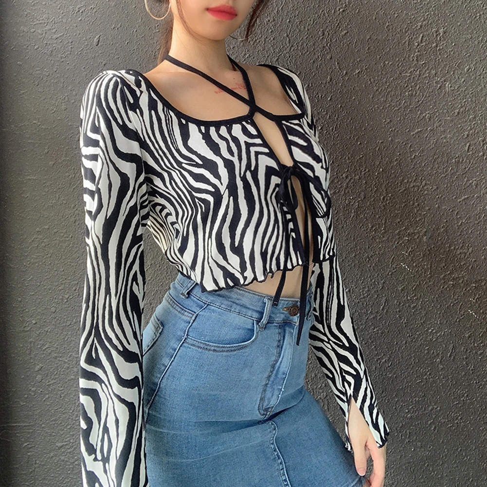 Женская Осенняя Футболка с принтом зебры уникальный укороченный Топ длинным