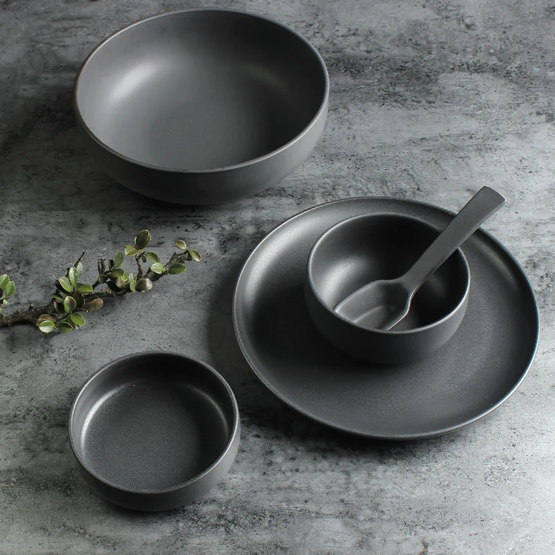 

Ceramic tableware plate set matte dark gray flat plate household steak plate Nordic pasta plate bowl plate