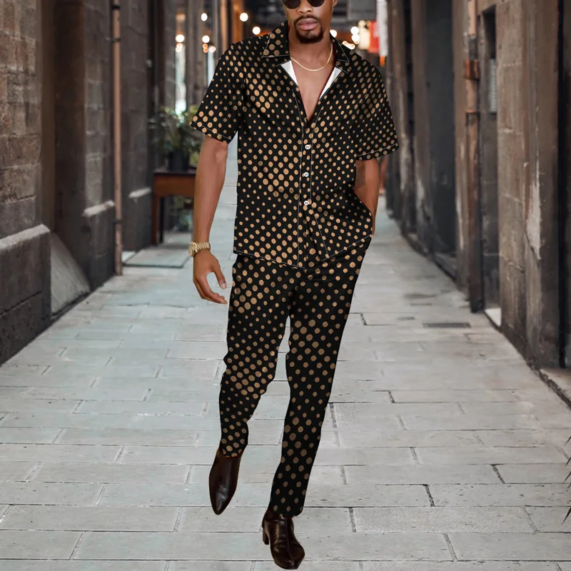 

New Spring Summer Beach Outfits 2022 Fashion Casual 3D Gradient Series Printed Mens Short Sleeve Shirt + Trousers Suits Homewear