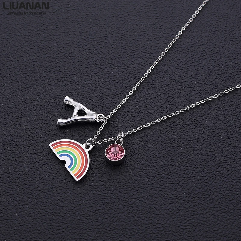 

Rainbow Pendant Necklaces for Women Birthstone Letter Pendant Geometric Stainless Steel Jewelry Gift
