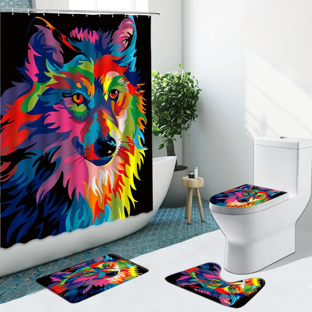 Занавески для душа с изображением леса животных волка растений цветов снега гор