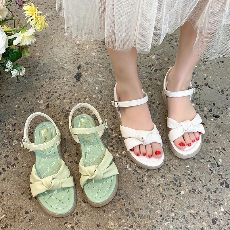 

Low Sandals Woman Leather Suit Female Beige Shoes Lady 2021 Block Heels Med All-Match Buckle Strap Low-heeled Black New Bow Chun