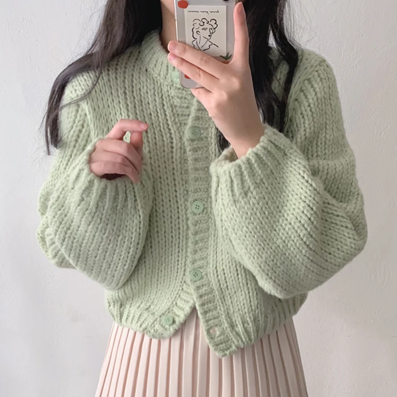 

Y2KRetro Chic Autumn and Winter O Neck Long Puff Sleeve Cardigan White Loose Single-breasted Thick Needle Cardigan Sweater Women