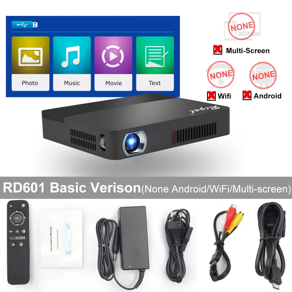 Rigal проектор RD601 со встроенной батареей Android 4.4 WIFI LED MINI DLP проектор 3D Miracast Bluetooth домашний кинотеатр п - Цвет: RD601 Basic