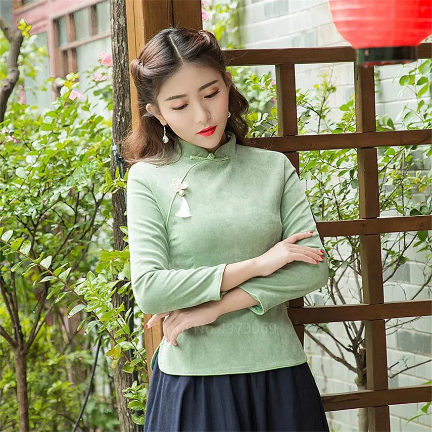 

Chinese Traditional Dress Qipao for Women Girls Fashion Retro Vintage Cheongsam Solid Corduroy Top Camellia Decoration Top Shirt