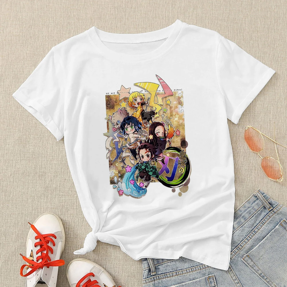 

DEMON SLAYR Woman T Shirts Cute Q Version Anime Characters Printed Exquisite White T Shirt Popular 2021 Autumn Spring Tops