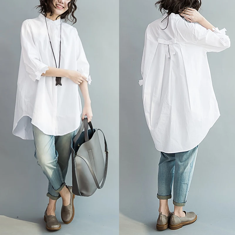 Blusa holgada de algodón con media manga para mujer, camisa holgada de talla grande con cuello levantado y lazo, ropa de moda para mujer