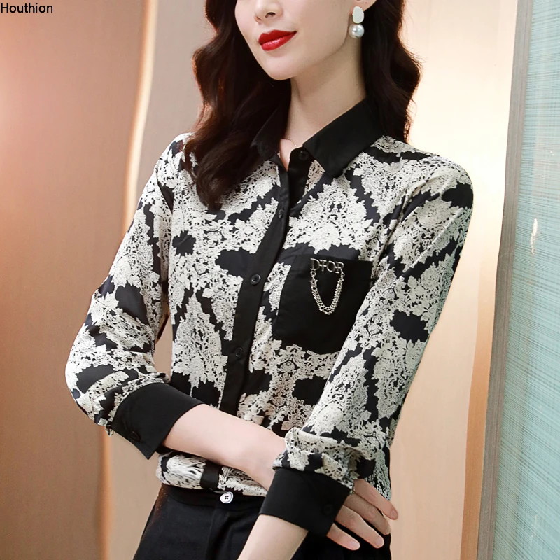 

Houthion Women's Blouse Long Sleeve Top Polo Collar Printing Chiffon Splicing Fashion Blouses Casual Summer 2021 New Shirt