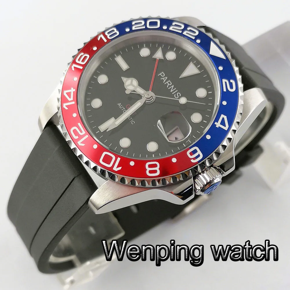 Мужские роскошные брендовые часы Parnis 40 мм GMT красная и синяя рамка сапфировая