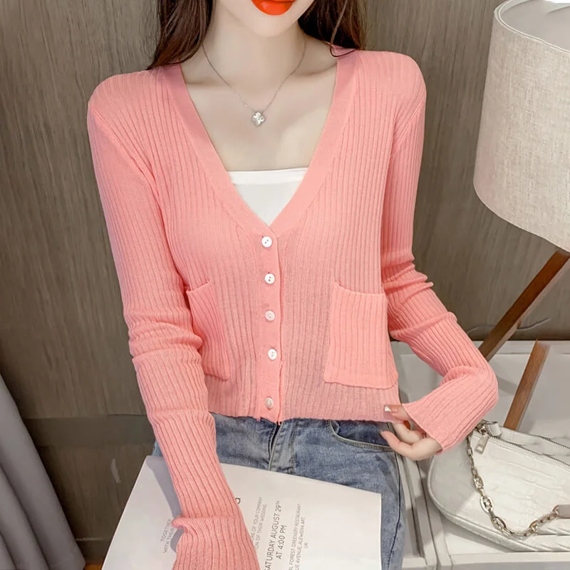 Top with a high sense of design women's summer V-neck Knitted Blouse 2021 new chic long sleeve French cardigan