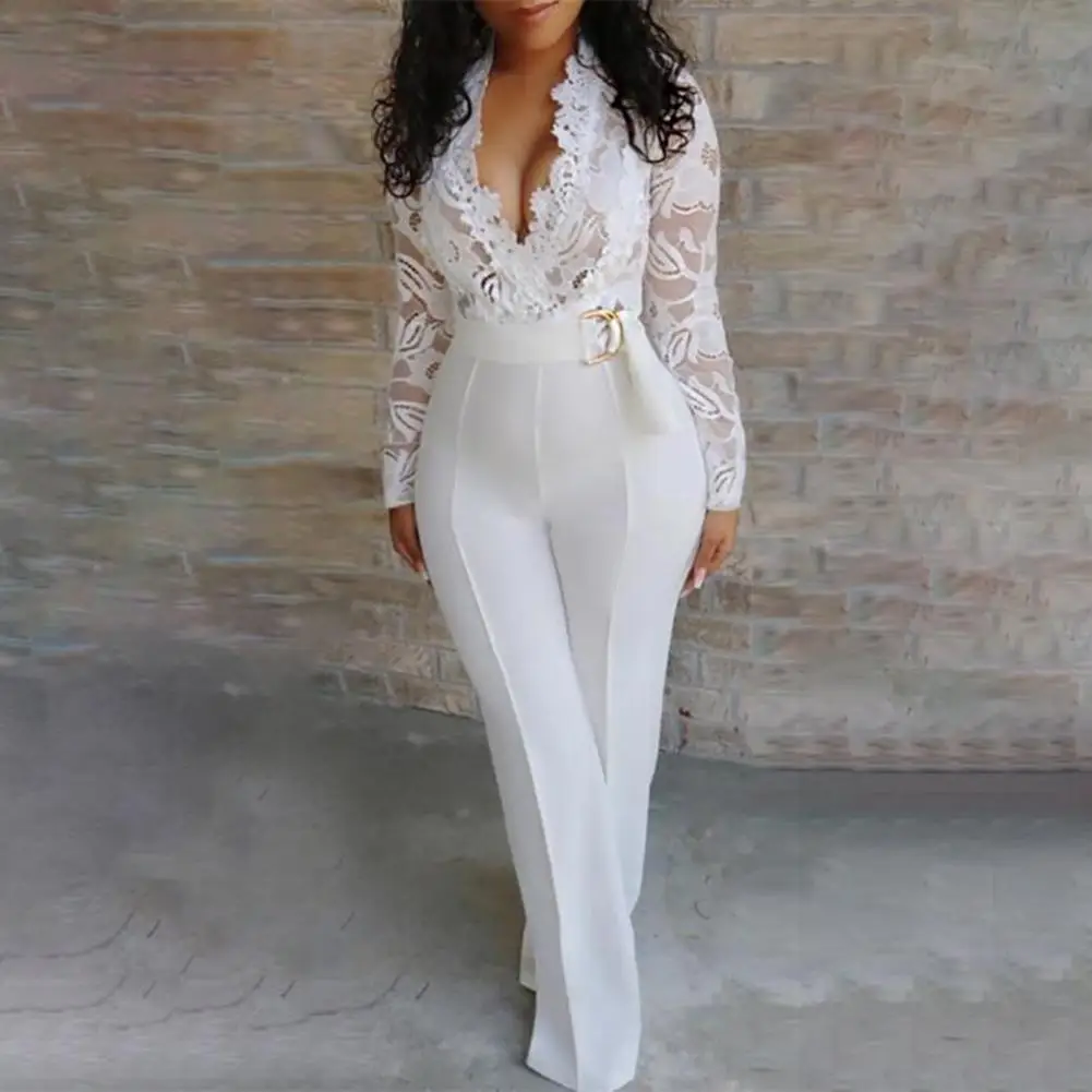 

Lady Jumpsuit White Lace Patchwork Deep V Neck Loose Straight Leg Long Pants Lace-up Waist Tied Autumn Jumpsuits