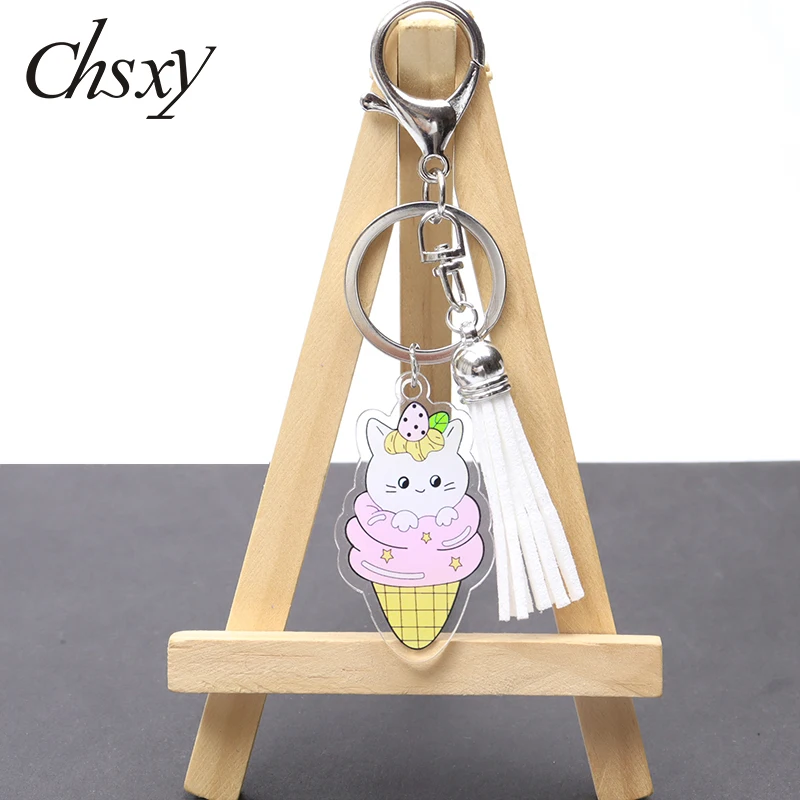 

Cute Ice Cream Animals Pattern Acrylic Tassel Keychain Cat Dog Kitten Puppy Cone Kawaii Key Ring Bag Pendant Jewelry Accessories