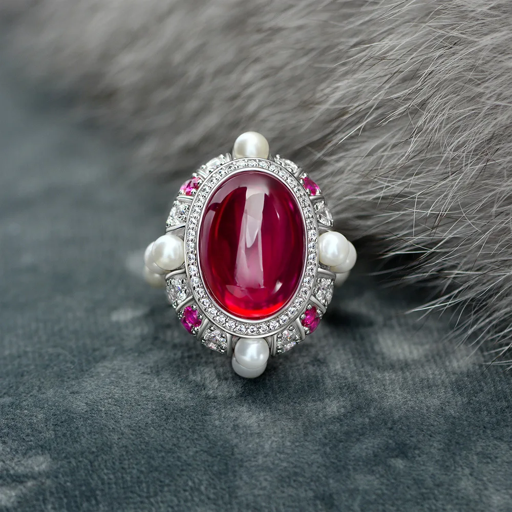 

Мода 100% 925 стерлингового серебра 20,5 CT красный жемчуг драгоценный камень Свадебные обручальные ювелирные украшения Винтаж коктейльное коль...