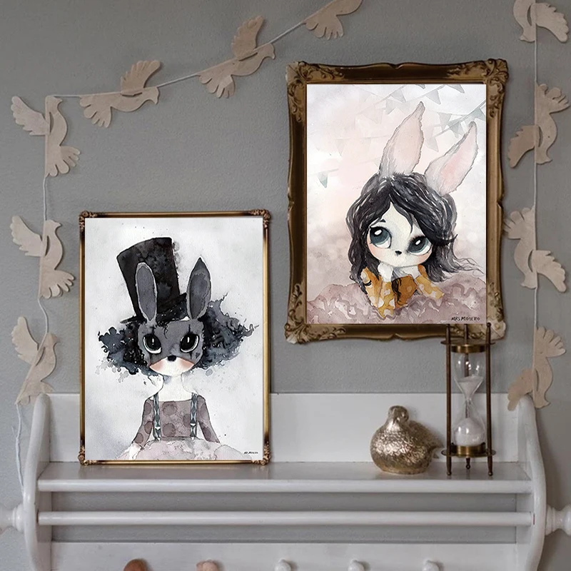 

Home Decor Nordic Canvas Painting Wall Art Rabbit Girl Water color Print Kid Bedroom Living Room Poster Picture Wall Murals