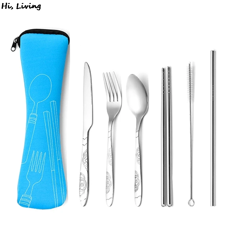 

Portable Lunch Tableware Cutlery Set Stainless Steel Spoon Fork Travel Outdoor Knife Tableware Dining Canteen Dinnerware Sets