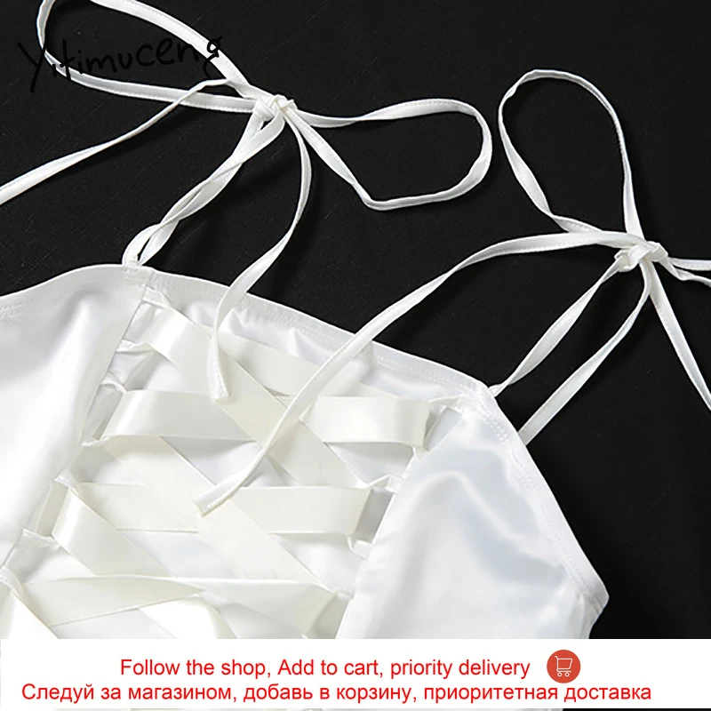

Yitimuceng Folds Bandage Dresses Women Lace Up White SundressSpaghetti Strap Slim Solid Dress Club Party Summer 2021Fashion New