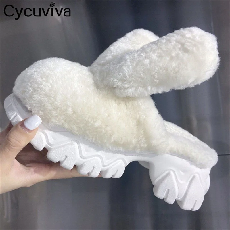 

Мюли женские зимние с мехом, шерстяные тапки на толстой подошве, круглый носок, кроличьи ушки, без застежки, черные, белые