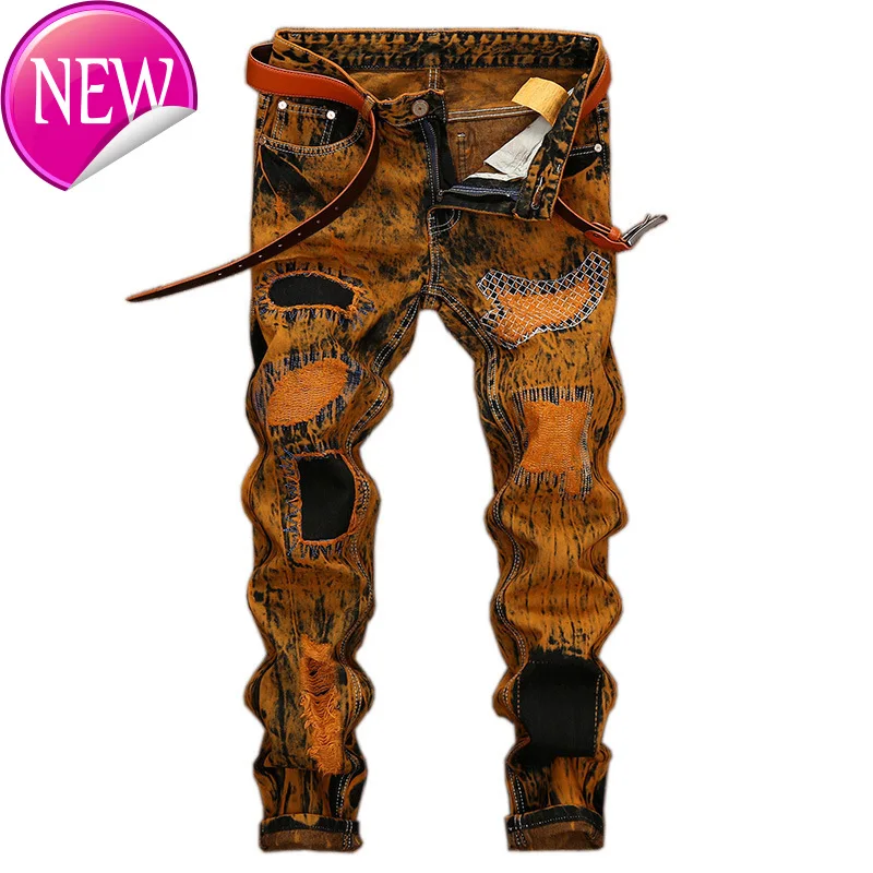 

Fashion 2020 New Autumn Yellow Vintage Hole Jeans Mens Ripped Skinny Biker Destroyed Denim Trousers
