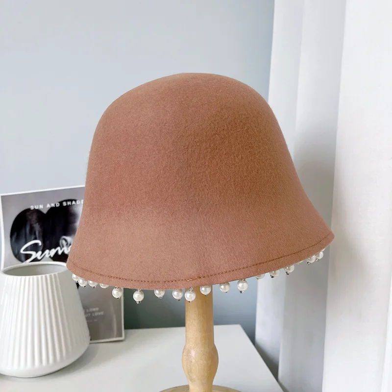 

202107-shi new autumn winter color wool Pearl tassel lady bucket cap women leisure hat