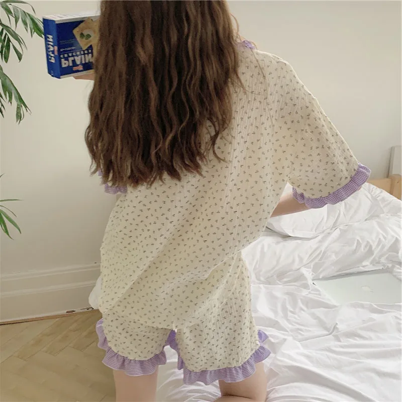 Pajamas Women's Summer New Product Sweet Ear Edge Small Flower 2Pcs Set Korean Cardigan Home Clothes Female Sleepwear Nightwear