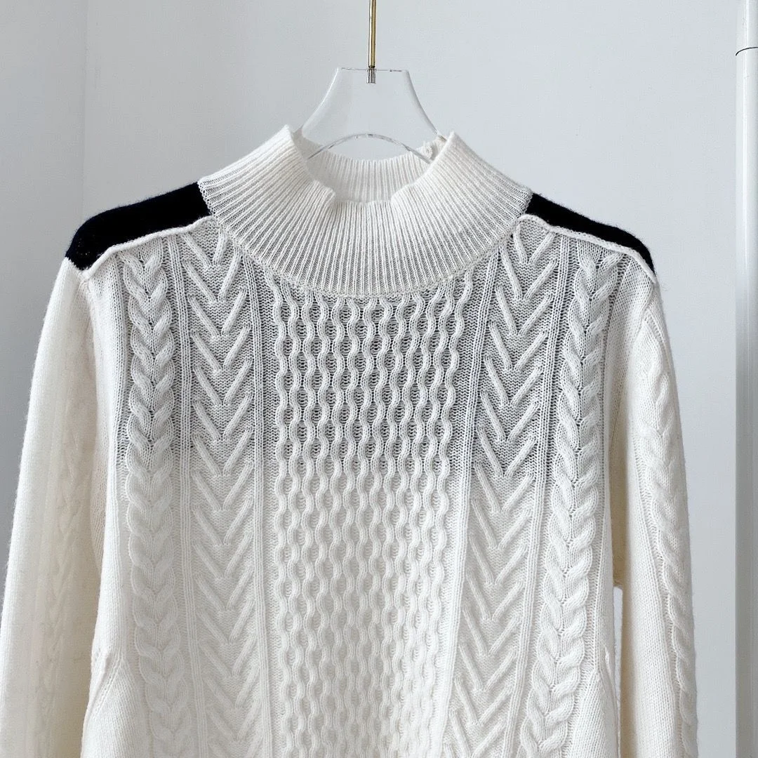 

Fashion Beige Woman Cashmere Sweater Turtleneck patchwork color Loose Long Sleeves Jersey 2021