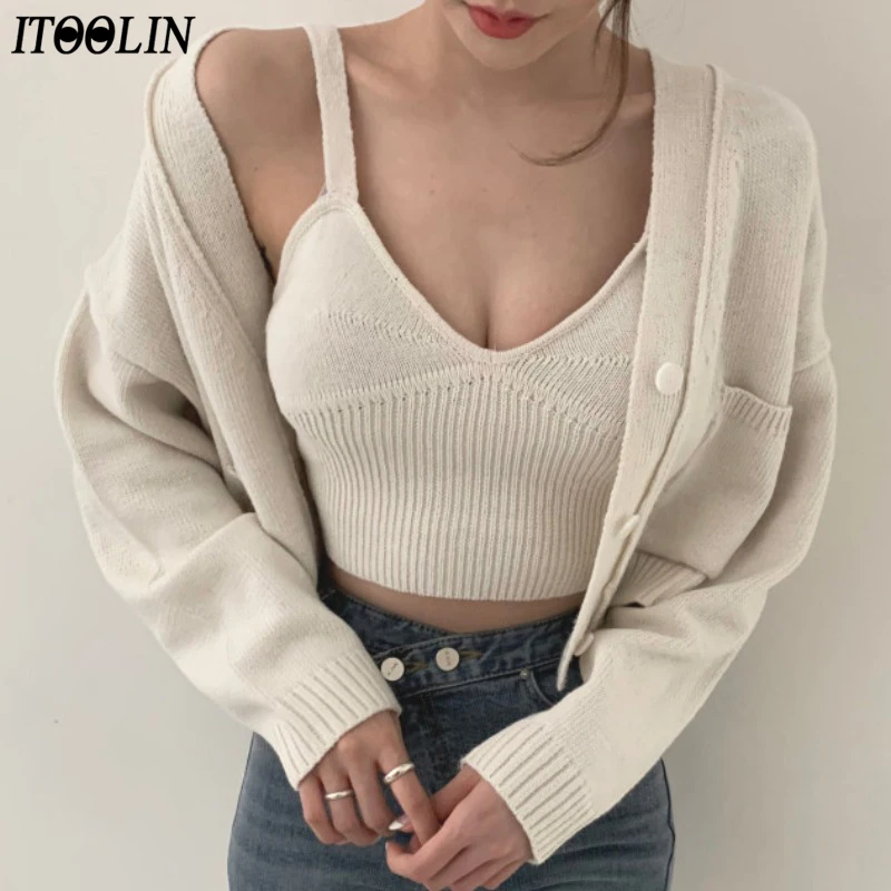 

ITOOLIN Two Piece Set Knitted Cardigan Sweater Button Winter Long Sleeve Slim Short Coat Sweater For Women Camis Sets Sweater