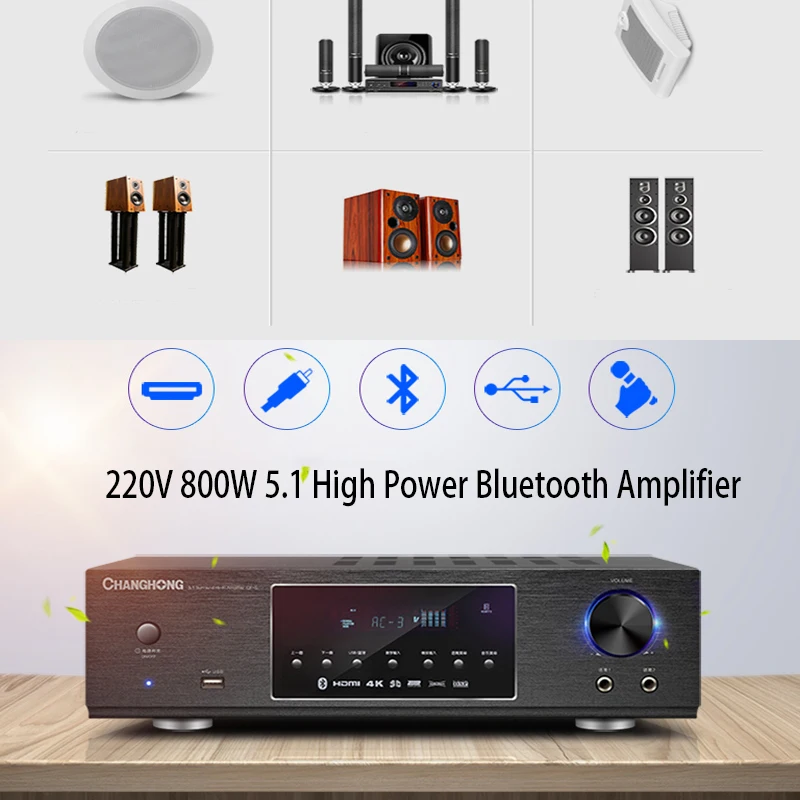 

KYYSLB 220V 800W 5.1 High Power Bluetooth Amplifier Fever Professional AV Amplifier Home Audio Subwoofer Digital Amplifier