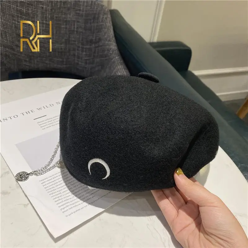 Зимний теплый шерстяной черный берет Женская Шапка-бини во французском стиле