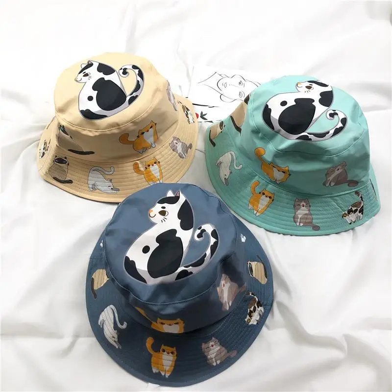 2021 New Cute Double-side Animal Print Fisherman Panama Caps Sun Bob Chapeau Cat Bucket Hats For Women Ladies Mother Gifts Cat