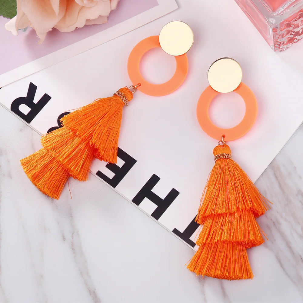 Новые богемные черные зеленые розовые Многослойные длинные висячие серьги с