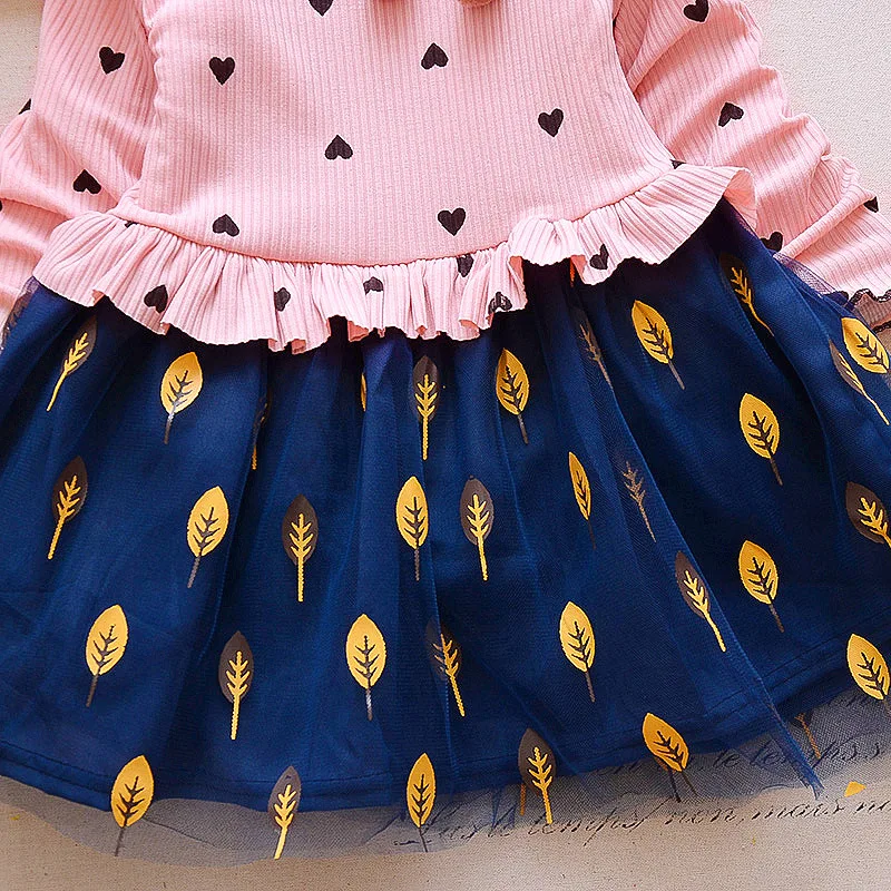 

Girls Spring And Autumn Dress New Baby Girls Long Sleeves Dresses Cute Leaves Mesh Stitching Love Printed Baby Kids Clothing