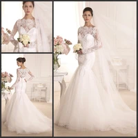 custom made 2015 new sexy mermaid wedding dresses scoop long sleeve lace tulle wedding gowns with buttons back