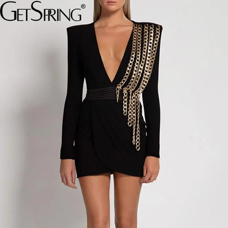 

Getspring Women Dress V-neck Chain Patchwork Long Sleeve Knitting Dresses Black Vintage Sexy Autumn And Winter Dresses 2022 New