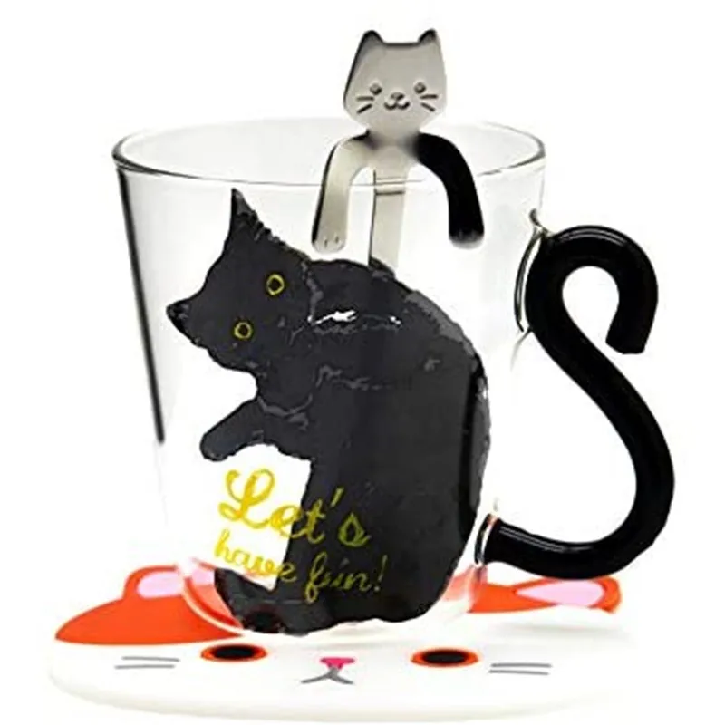 

Black Cat Glass Cup Animal Shaped Milk Water Juice Mugs Tea Cup Cat Tail Handle Cat Lovers Gifts Set including Stainless Spoon