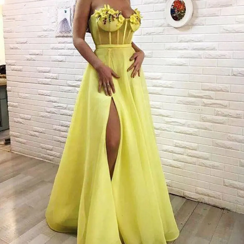 

Yellow Party Dresses A-line Sweetheart Sweep/Brush Front/Side Slit Sleeveless Applique Party Gowns Draped Evening Dresses 2021