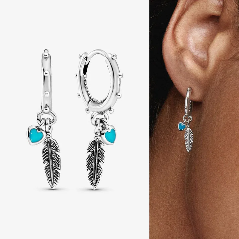 

Authentic S925 Sterling Silver Blue-green Love And Feather Ring Hook Earrings Women's Fashion Silver Earrings Jewelry Gifts