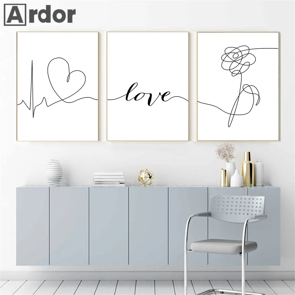 

Abstract Heart Flower Line Drawing Poster Love Quotes Canvas Painting Black And White Print Minimalist Picture Living Room Decor