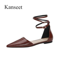 kanseet shoes for women 2021 summer elegant pointed toe genuine leather buckle brown womens sandals comfort low heels sandals