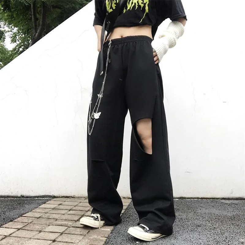 

Baggy Wide Leg Pants Women Casual Streetwear Loose Outfits Hole High Waisted Hip Hop Summer Jogger Pockets Sweatpants