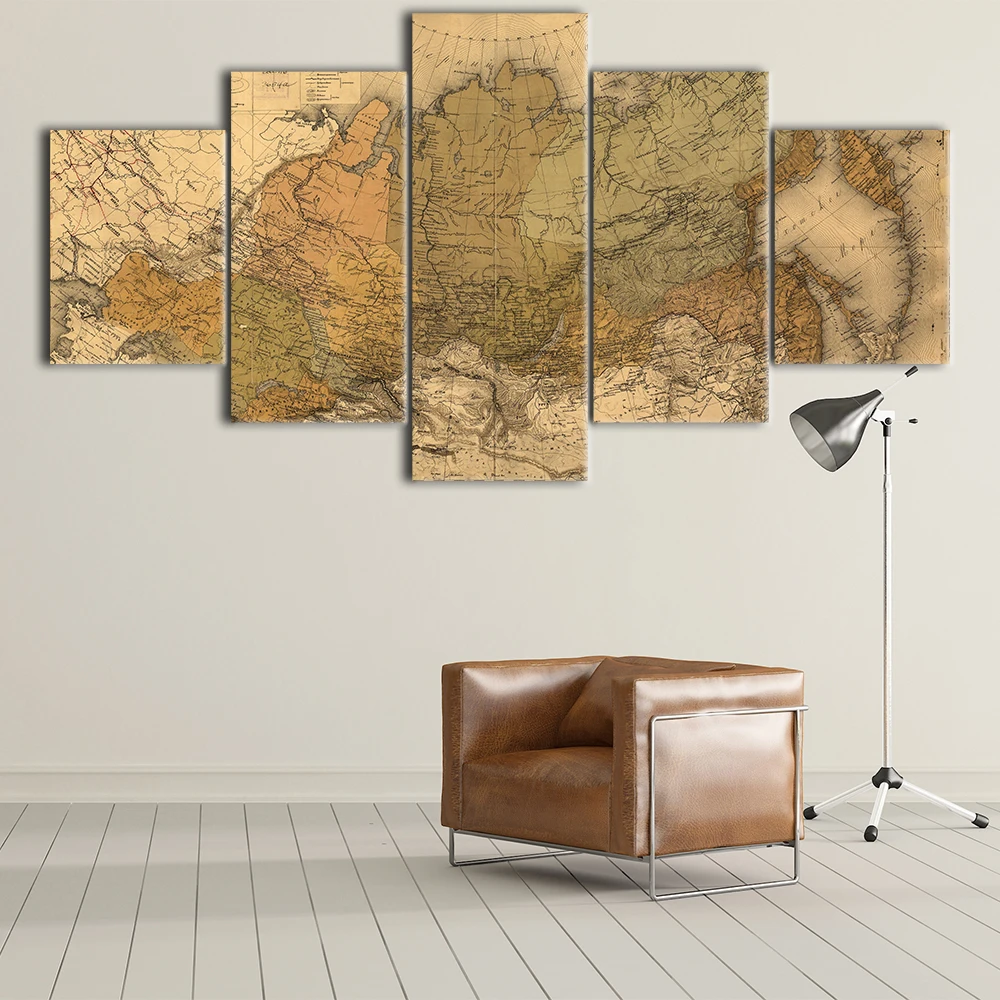 Пятипанельная холстовая картина с изображением карты России в ретро стиле для спальни или гостиной, с рамкой.