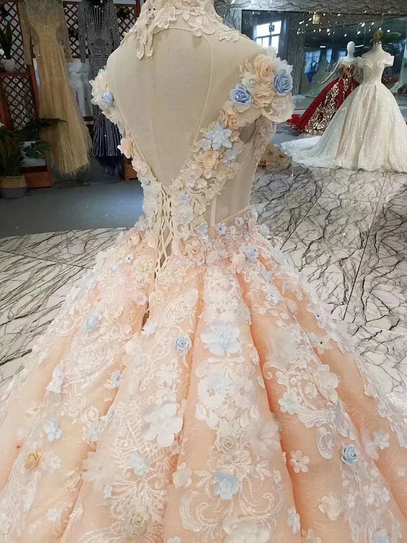 BGW 22913ht Girl Ball Gown Evening Dresses Floor Length Color Flowers High Neck Cap Sleeve Lace Up Back Prom Dresses Curve Shape