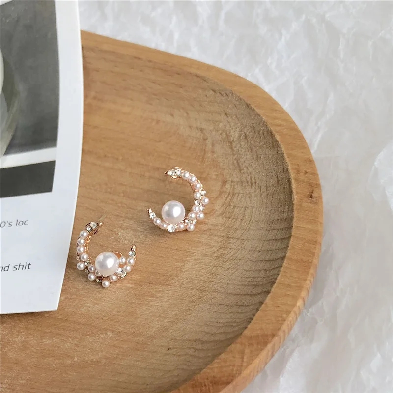 Женские серьги с имитацией жемчуга гвоздики Луной и стразами бижутерия для