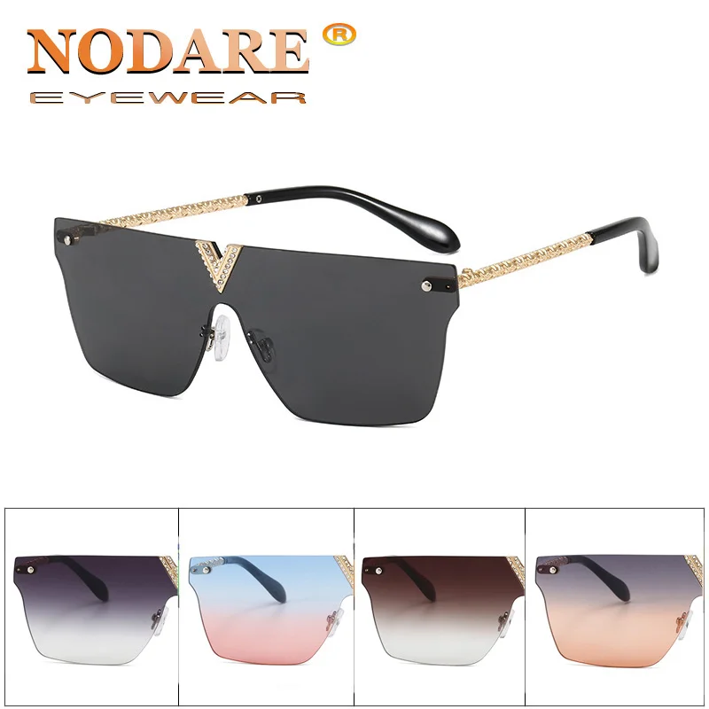 

NODARE 2020 New Big Frame Siamese sunglasses Stylish frameless trimmed decorative sun glasses Pink gradient UV400 gafas de sol